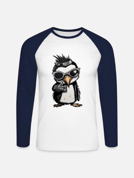 Cool Punk Rock Penguin Adorable Animal - Unisex Long Sleeve Baseball T-Shirt - white/navy
