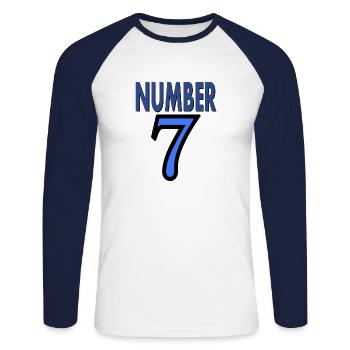 Numéro 7 le numéro 7 Fêter l’anniversaire Idée cadeau - T-shirt baseball manches longues Homme - blanc/marine - Devant - Nik (191cm)