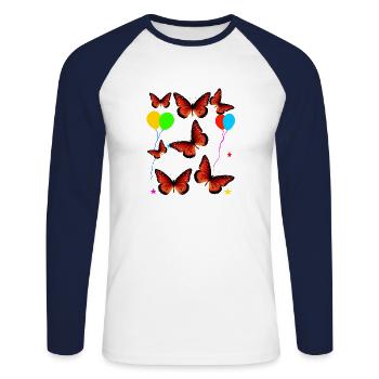 Muster Schmetterling im Bauch verliebt Geschenk - Unisex Baseballshirt langarm - Weiß/Navy - Vorne - Nik (191cm)
