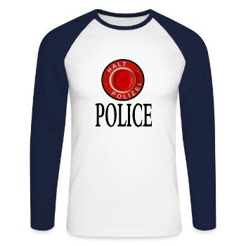Halt Polizei bitte folgen Polizeiwagen Geschenk - Unisex Baseballshirt langarm - Weiß/Navy - Vorne - Nik (191cm)