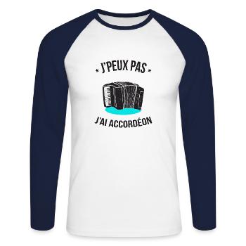 J'peux pas, j'ai Accordéon - Les milles excuses - T-shirt baseball manches longues Homme - blanc/marine - Devant - Nik (191cm)