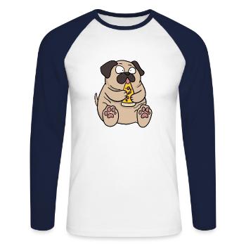 Fat Pug Dog Eating Pizza Funny Comic Style - Unisex Long Sleeve Baseball T-Shirt - white/navy - Front - Nik (191cm)