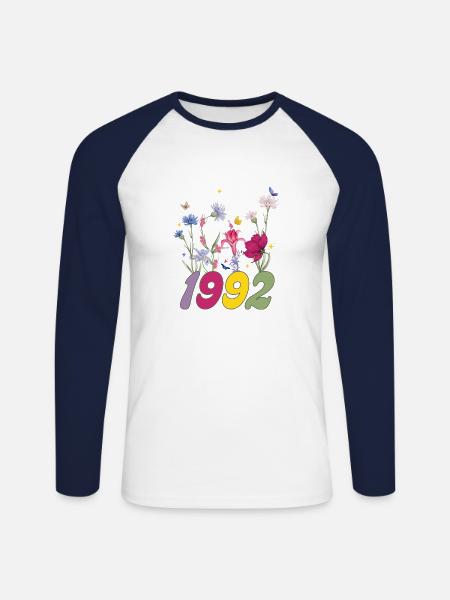 Year of birth 1992 wildflowers - Unisex Long Sleeve Baseball T-Shirt - white/navy