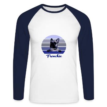 Frenchie, Chiens, Bully, Français Bulldog - T-shirt baseball manches longues Homme - blanc/marine - Devant - Nik (191cm)