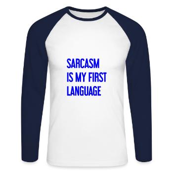 Sarcasme Pro - T-shirt baseball manches longues Homme - blanc/marine - Devant - Nik (191cm)