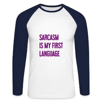 Sarcasme Pro - T-shirt baseball manches longues Homme - blanc/marine - Devant - Nik (191cm)