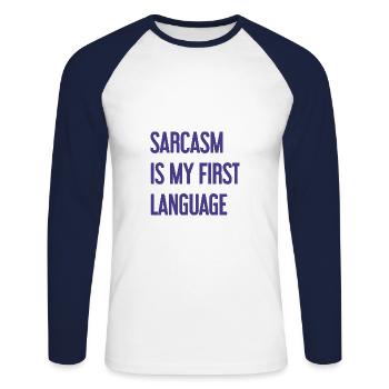 Sarcasme Pro - T-shirt baseball manches longues Homme - blanc/marine - Devant - Nik (191cm)