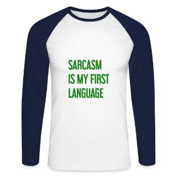 Sarcasme Pro - T-shirt baseball manches longues Homme - blanc/marine - Devant - Nik (191cm)