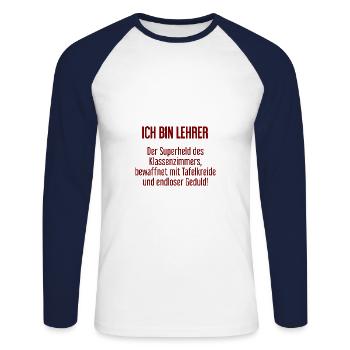 Lehrer - Der Superheld des Klassenzimmers! - Unisex Baseballshirt langarm - Weiß/Navy - Vorne - Nik (191cm)