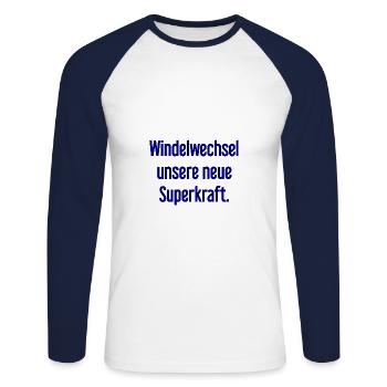 Diaper change – our new superpower - Unisex Long Sleeve Baseball T-Shirt - white/navy - Front - Nik (191cm)