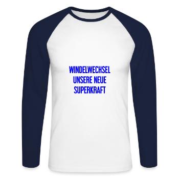 Windelwechsel – unsere neue Superkraft - Unisex Baseballshirt langarm - Weiß/Navy - Vorne - Nik (191cm)
