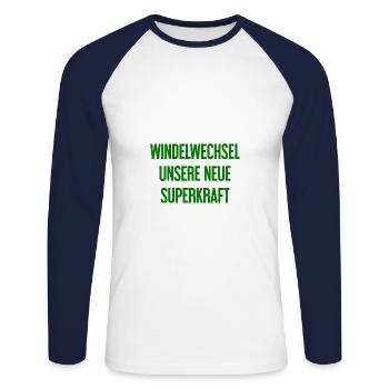 Diaper change – our new superpower - Unisex Long Sleeve Baseball T-Shirt - white/navy - Front - Nik (191cm)