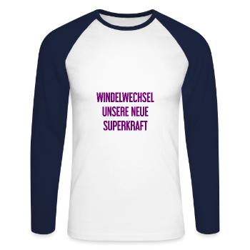 Windelwechsel – unsere neue Superkraft - Unisex Baseballshirt langarm - Weiß/Navy - Vorne - Nik (191cm)