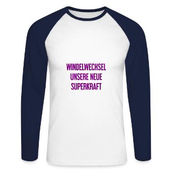 Windelwechsel – unsere neue Superkraft - Unisex Baseballshirt langarm - Weiß/Navy - Vorne - Nik (191cm)