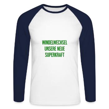 Diaper change – our new superpower - Unisex Long Sleeve Baseball T-Shirt - white/navy - Front - Nik (191cm)
