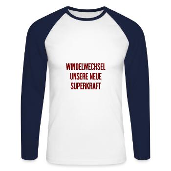Diaper change – our new superpower - Unisex Long Sleeve Baseball T-Shirt - white/navy - Front - Nik (191cm)