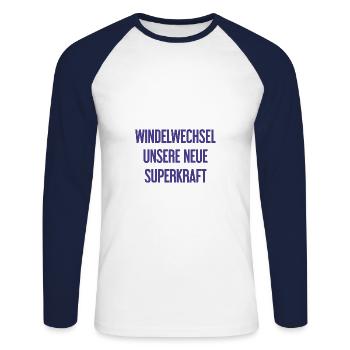 Diaper change – our new superpower - Unisex Long Sleeve Baseball T-Shirt - white/navy - Front - Nik (191cm)