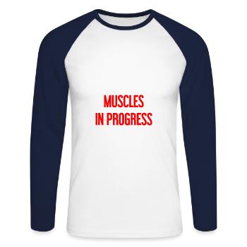Muscles in Progress - Unisex Long Sleeve Baseball T-Shirt - white/navy - Front - Nik (191cm)