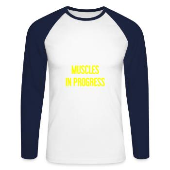 Muscles in Progress - Unisex Long Sleeve Baseball T-Shirt - white/navy - Front - Nik (191cm)