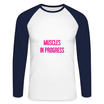 Muscles in Progress - Unisex Long Sleeve Baseball T-Shirt - white/navy - Front - Nik (191cm)