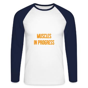 Muscles in Progress - Unisex Long Sleeve Baseball T-Shirt - white/navy - Front - Nik (191cm)