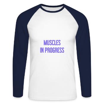 Muscles in Progress - Unisex Long Sleeve Baseball T-Shirt - white/navy - Front - Nik (191cm)