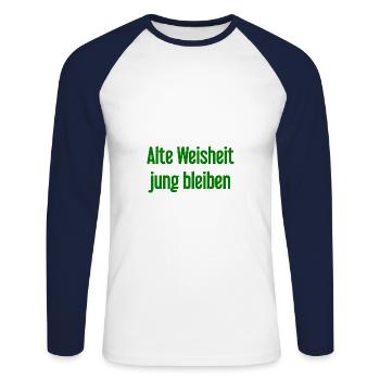 Alte Weisheit, jung bleiben – Lebensfroher Spruch - Unisex Baseballshirt langarm - Weiß/Navy - Vorne - Nik (191cm)