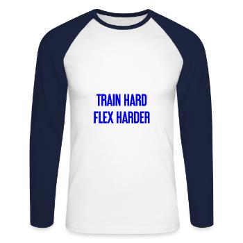 Train Hard Flex Harder - Unisex Baseballshirt langarm - Weiß/Navy - Vorne - Nik (191cm)