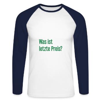What is last price? - Unisex Long Sleeve Baseball T-Shirt - white/navy - Front - Nik (191cm)