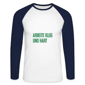Arbeite Klug Und Hart – Erfolgs-Motto für Macher - Unisex Baseballshirt langarm - Weiß/Navy - Vorne - Nik (191cm)