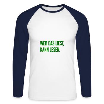 Wer das liest, kann lesen. - Unisex Baseballshirt langarm - Weiß/Navy - Vorne - Nik (191cm)