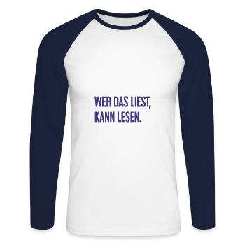 Wer das liest, kann lesen. - Unisex Baseballshirt langarm - Weiß/Navy - Vorne - Nik (191cm)