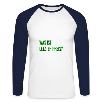 Was ist letzter Preis? - Unisex Baseballshirt langarm - Weiß/Navy - Vorne - Nik (191cm)