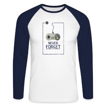 Retrogaming - Unisex Baseballshirt langarm - Weiß/Navy - Vorne - Nik (191cm)