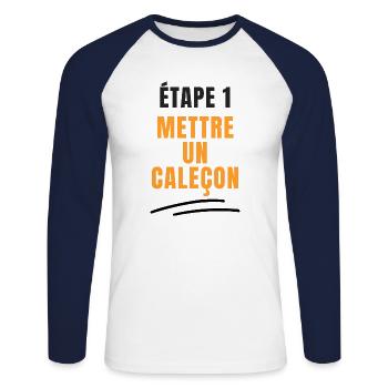 Étape 1 mettre un caleçon humour cadeau - T-shirt baseball manches longues Homme - blanc/marine - Devant - Nik (191cm)