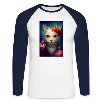 White Turkish Angora Cat Oil Painting - Unisex Long Sleeve Baseball T-Shirt - white/navy - Front - Nik (191cm)