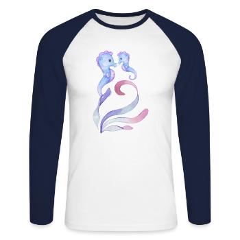 blaue Seepferdchen - Mutter + Kind - Unisex Baseballshirt langarm - Weiß/Navy - Vorne - Nik (191cm)