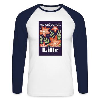 Weihnachtsmarkt Lille Poster France 1960 - Unisex Baseballshirt langarm - Weiß/Navy - Vorne - Nik (191cm)