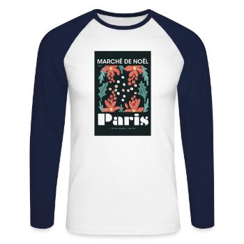 Marché de Noël Paris Affiche France 1960 - T-shirt baseball manches longues Homme - blanc/marine - Devant - Nik (191cm)