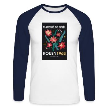 Marché de Noël Rouen Affiche France 1960 - T-shirt baseball manches longues Homme - blanc/marine - Devant - Nik (191cm)