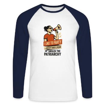 J’aime faire la fête... et par parti, j’entends abolir - T-shirt baseball manches longues Homme - blanc/marine - Devant - Nik (191cm)