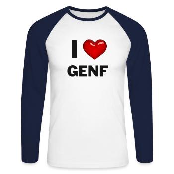 J’aime Genève - T-shirt baseball manches longues Homme - blanc/marine - Devant - Nik (191cm)