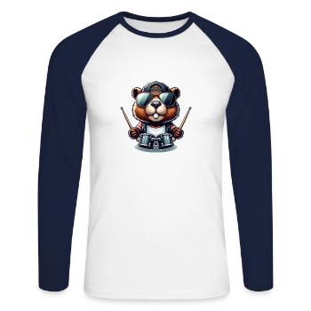 Cool Castor Batteur Rock Musique Animal - T-shirt baseball manches longues Homme - blanc/marine - Devant - Nik (191cm)