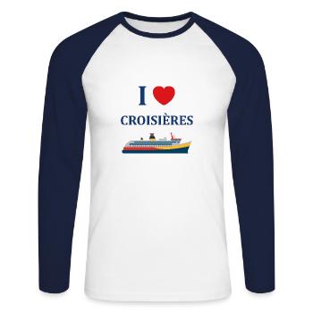 I love Croisières - T-shirt baseball manches longues Homme - blanc/marine - Devant - Nik (191cm)
