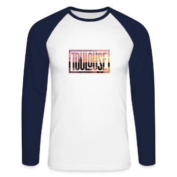 Toulouse, Typographie. - Unisex Baseballshirt langarm - Weiß/Navy - Vorne - Nik (191cm)
