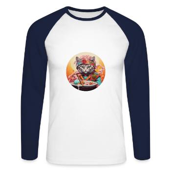 Cat of Noodles - Unisex Long Sleeve Baseball T-Shirt - white/navy - Front - Nik (191cm)