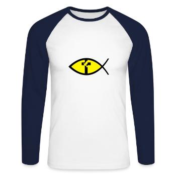 Taube im Kreuz & im Fisch - Unisex Baseballshirt langarm - Weiß/Navy - Vorne - Nik (191cm)