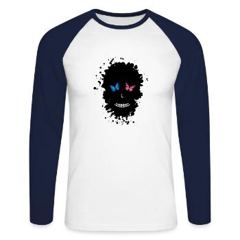tete de mort forme tache papillons - T-shirt baseball manches longues Homme - blanc/marine - Devant - Nik (191cm)