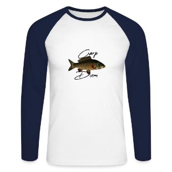 Carpe Diem! Carpe drôle pour les pêcheurs - T-shirt baseball manches longues Homme - blanc/marine - Devant - Nik (191cm)