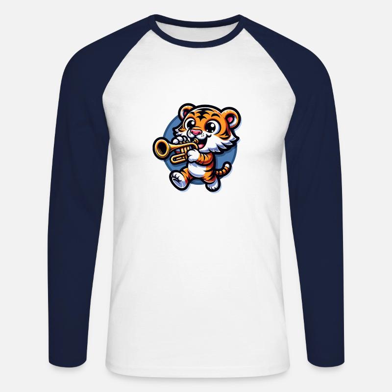 Niedlicher Tiger Mit Trompete - Unisex Baseballshirt langarm - Weiß/Navy